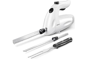 Reemix Coltello Elettrico, 15cm Coppie di lame di coltello in acciaio inossidabile con denti fini e grossolani, Coltello Affetta Carne, Pane e Pesce Congelato, Potenza 100W (Colore Bianco)