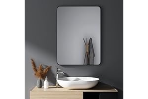 HY-RWML Spiegel Schwarz 40x60 cm Rechteckiger Wandspiegel Abgerundete Ecken Wandmontage Edelstahl Kosmetikspiegel für Badezimmer Wohnzimmer Glatte Spiegeloberfläche horizontaler vertikaler Einbau