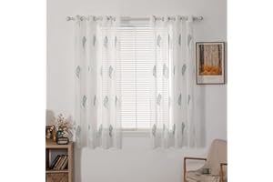 ‎MIULEE MIULEE Vorhänge mit Türkis und Weiß Blätter Muster, Stickerei Vorhang Transparent, Dekoration Ösen Gardinen Für Wohnzimmer, Vorhang Kurz Fenster, 2er Set Modern Schlafzimmer Vorhänge, 2X H145 x B140cm