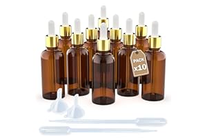 LG Luxury & Grace Lot de 10 Bouteilles Compte-Gouttes, 100 ml. Compte-Gouttes en Verre Ambré. Bouchon à Vis or et Pipette en Verre Blanc. Flacons Rechargeable: Aromathérapie, Huile, Laboratoire.