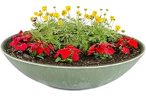 MATCHES21 HOME & HOBBY matches21 Weatherproof Plant Bowl in 45 cm for Outdoor Use - Large Flat Decorative Bowl Olive Green Marbled as Flower Bowl - Flat XXL Garden Bowl for Flowers, Bonsai or Cemetery Grave Jewellery