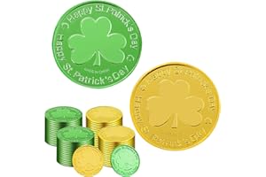 GCCL 100 Pieces St. Patrick's Day Gold Coins - Plastic Green and Gold Shamrock Tokens Lucky Leprechaun Coins, 3-Leaf Clover Coin for Pot-o-gold Party Favors Irish-Theme Decoration
