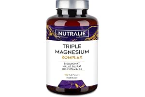 Trippel Magnesium 2439mg, Bisglycinat Malat Taurat Vit B6 | P5P, Energi Muskler Nervsystemet, 120 Vegan Kapslar Trippel Magnesiumkomplex Nutralie