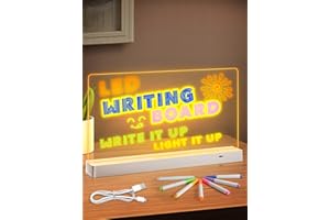 MOWETOO Colorful LED Bulletin Board for Kids with LED Lights, Clear Acrylic Board, Easy Clean Drawing Board, Includes 7 Neon Pens, Creative Gift for Kids