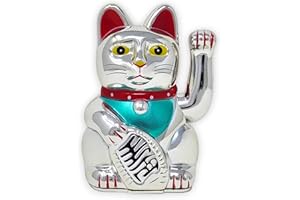 ‎STARLET24 Starlet24® Winkende Glückskatze Winkekatze Lucky Cat Maneki-Neko Winkende Japanische Maneki-Neko batteriebetrieben (Silber, 15cm)