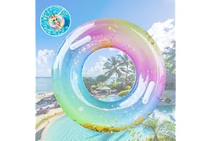 Pukitt Schwimming Ring Erwachsene, Regenbogen Pailletten Schwimmenring Mit Griff, Transparenter Floating Ring, Dauerhafter Aufblasbarer Pool Schwimmen, Schwimmring Röhre Für Sommerpool Party
