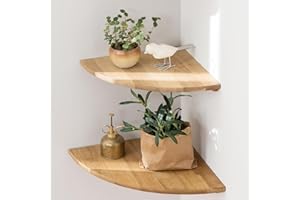 GIEANOO Lot de 2 étagères d'angle à Suspendre - en chêne Massif - Extrémités Rondes - Style Maison de Campagne - pour Chambre à Coucher, Salon Chêne, 30 cm