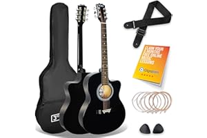 3rd Avenue Full Size 4/4 Cutaway Acoustic Guitar Pack Bundle for Beginners - 6 Months FREE Lessons, Bag, Strap, Picks and Spare Strings - Black