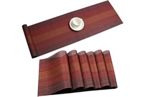 MISUHOM Placemats with Table Runner Set Vinyl Woven Insulation Heat Resistant Kitchen Table Mats for Family Dinner,Outdoor or Indoor Parties,Farmhouse,Thanksgiving,Christmas & Gathering(Colorful Red)