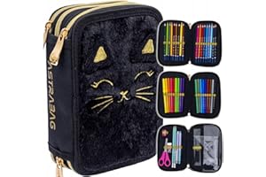 Goldkids - Federmäppchen 3 Fächer - Mäppchen für Mädchen - Federmappe 3-Fach Federtasche Gefüllte Schüleretui Schulmäppchen und Hausaufgabenheft - Plüschkatze