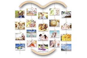 Uping Bilderrahmen Collagen, Fotowand Collage mit 30 Holzklammern und 5 Hanfseil Holzbildfoto Rahmen für Wall Decor, Hängender Bilderrahmen & Fotohalter Wand