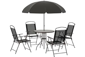 Outsunny 6 Piece Garden Dining Set with Umbrella, Patio Sets with Parasol with 4 Folding Dining Chairs & Round Tempered Glass Table, Black