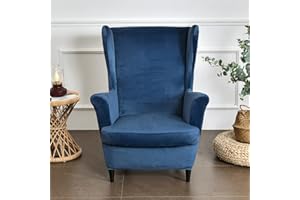 MINGPINHUIUS Wing Chair Slipcover 2 Piece Set - 2 IN 1 Design Removable Soft Velvet Wingback Chair Covers Armchair Stretch Covers Furniture Protector for Wingback Chairs Living Room Bedroom Hotel (Navy Blue)