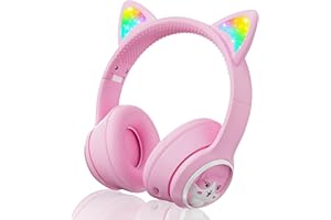 Woukksy Bluetooth Kopfhörer Kinder, Faltbar 85dB Mädchen Kopfhörer Over Ear, Kabellos Kinderkopfhörer mit LED-licht Katzenohren und Mikrofon für Schule/Tablet/Handy/PC (Rosa)