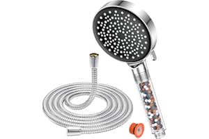 YEAUPE słuchawka prysznicowa z wężem 1,8 m, z filtrem, deszczownica z 6 rodzajami strumienia, oszczędność wody, duża, funkcja zapobiegająca osadzaniu się kamienia, chrom