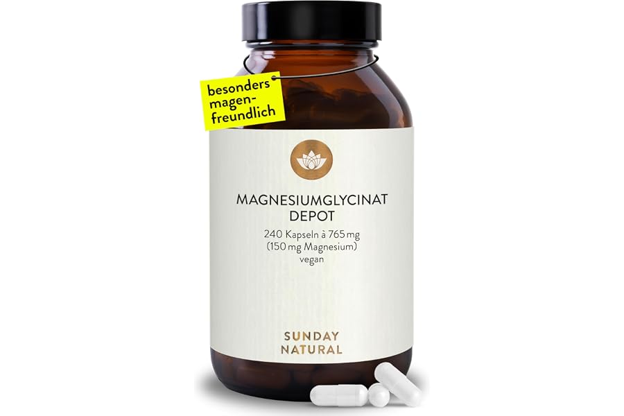 SUNDAY NATURAL® Magnesium Bisglycinat - 240 Kapseln - 300mg reines Magnesium pro Tagesdosis - Depot Magnesiumglycinat als org