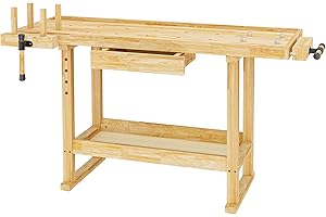‎WILTEC Wiltec Werkbank 151 x 61,5 x 86 cm aus Holz, Werktisch aus Rubberwood, Hobelbank bis 150 kg belastbar, Werkzeugbank mit Schublade und Spannzangen