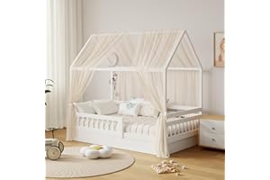 GFCC Ciel de Lit Cabane pour Maison Lot de 2 Pièces Décoration Voile Lit Cabane Beige pour Chambre d'enfant,Rideau Voilage 150x350cm pour Fille Garçon