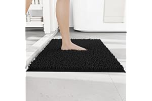 RUN HELIX Chenille Bath Mat Non Slip, Black Bathroom Mat 50x80 cm, Shaggy Bathroom Rug, Absorbent Bath Mats for Bathroom, Fluffy Bathroom Mats (50 x 80 cm, Black)