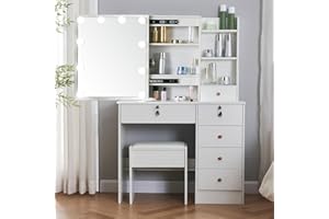 TOPHEHAN Dressing Table with LED Lights, White Vanity Makeup Table Set with Mirror and Stool, Bedroom Dresser Cosmetic Makeup Desk with Drawers and Shelves Storage Unit for Girls (A2)