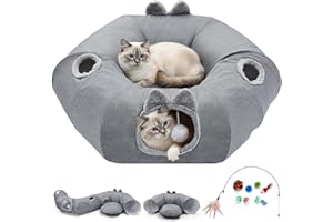 Odoland Cat Tunnel with Bed, Foldable Large Pet Donut Tunnel Bed in Linen, Interactive Cat Play Tunnel Toys with Ball for Indoor Cats, Kittens, Rabbit, Puppies