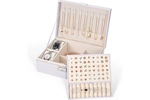 CORYIN Jewellery Box Organiser for Women Girls Lockable Jewelry Storage Case PU Leather Jewelry Box 2 Layer Jewellery Case Jewellery Boxes Holder for Earring Necklace Watch Bracelet, White
