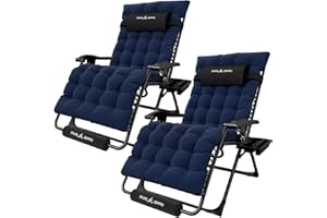 UDPATIO Set of 2 Sun Loungers with Cushion for Garden, Outdoor Reclining Zero Gravity Chair with Cup Holder, Extra Wide Folding Lounger Chair for Patio Beach Pool, Support 200kg Navy XL