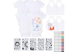 Forbabe 27 Stück Bodys zum Bemalen für Babyparty Set, 4 Babybody zum Bemalen Baumwolle, 4 Baby Lätzchen zum Bemalen 14 Farbigem Textilstift, 5 Malen Schablonen für Babyparty Babyshower Spiele