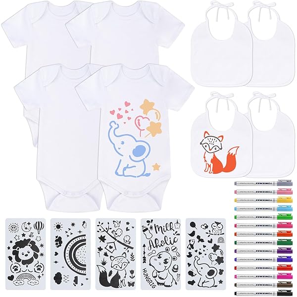 Aolso Lot De 8 Bavoirs Imperméables Pour Bébé Avec 8 Stylos Textiles Et 8 Pochoirs De Peinture, Cadeau Pour Fête Prénatale, Bave (40 X 29 Cm