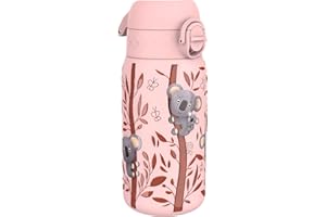 ion8 Botella Agua Inox Ligero para Niños, 400ml, Sin Aislamiento, a Prueba de Fugas, Fácil de Abrir, Cerradura Segura, Apta para Lavavajillas, Tapa Abatible, Fácil de Limpiar, Koalas