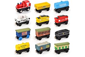 Atoylink 12PCS Train en Bois Montessori Jouet en Bois Voitures à Moteur Train Magnétique Véhicules pour Enfants Compatibles avec Plupart des Trains Circuit Cadeaux pour Garçons Filles 3 4 5 6 7 8 Ans