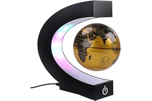 FLRMINGIGIGI Magnetischer Schwimmender Globus mit farbigen LED-Lichtern C-Form Anti-Schwerkraft-Magnetschwebebahn Rotierende Weltkarte für Geschenk Home Office Schreibtischdekoration (Mit Schalter, Gold)