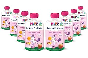 HiPP - Frutta Frullata Bio per Bambini, Unicorno, Purea 100% Frutta, Gusto Mela, Prugna Gialla e Pesca, Senza Zuccheri Aggiunti, 8 Confezioni da 90 gr