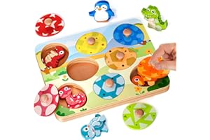 WINSTICO Animals Peg Puzzles Wooden Montessori Toys for 1 2 Year Old Boys Girls, Puzzles Gifts Presents for 12-18 Months Baby, Educational Learning Toys for Kids Toddlers Age 1 2 3