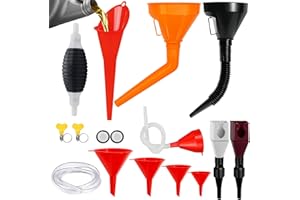 Omsscun 14 Pcs Petrol Funnel, Syphon Pump, Car Funnel with Filter and Detachable Hose, Drip-Free Filling, Flexible Right Angle Oil Funnels for Car, Gasoline, Oil, Coolant, etc