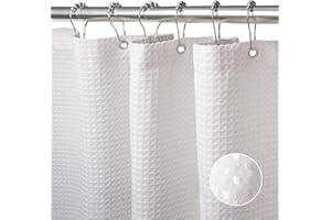 VANZAVANZU Rideau de Douche Gaufre avec Anneaux en Métal Rideau de Douche Baignoire Anti Moisissure Tissu Rideau Salle de Bain Robuste pour Baignoire Cabine de Douche, Ourlet Lesté - 92x182CM (Blanc)