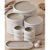 BAVARY Chubby Complete Porcelain Dinnerware Set in White and Taupe, 27 Pieces for 6 People - Plates and Bowls Set with Oval P