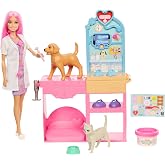 Barbie'nin Veteriner Kliniği oyun seti, pembe sa&ccedil;lı bebek, veteriner eşyaları ve al&ccedil;ıyla bandaj hazırlama hamuru dahil 10'dan