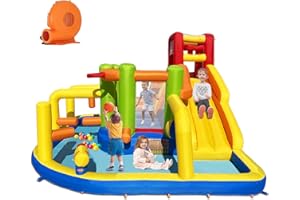 Umbalir Bouncy Castle with Blower, Inflatable Water Slide with Obstacles, Dump Bucket, Long Slide, Climbing Wall, Water Cannon for Kids Indoor Outdoor
