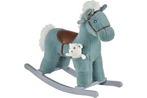 HOMCOM Caballito Balancín para Niños de +3 Meses Caballo Mecedora Felpa con Osito de Peluche Sonidos de Relincho y Galope Base de Madera 65x26x55 cm Azul