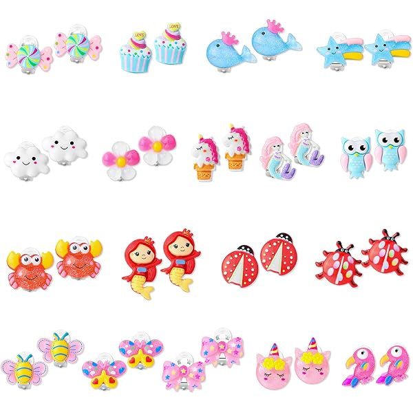 6 Paires Boucles D'Oreilles Clip Fille - Résine, Sans Perçage, Motifs Cerise Fraise Lapin Panda, Cadeau