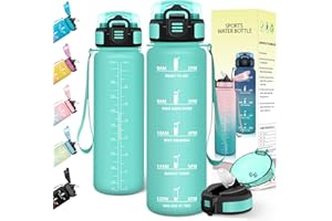 Baramumu Gourde 1l, Anti-Fuite, Gourde Sport, avec Paille, Bouteille, avec Marqueur de Temps, Bouteille d'eau, Réutilisable, pour Fitness, Yoga, Sport, Camping, Gym, Travail, Bleu-Vert 3245C