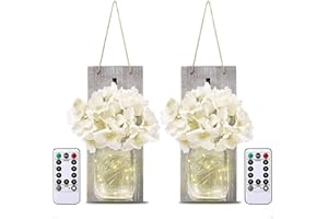 EAAERR Applique murale Mason Jar - 2 Pièces 20 LED Lumière Décorative avec Fleurs et Télécommande - Fleurs artificielles - Applique murale rétro - Idéale Décor pour loft, cuisine, salon, bar (gris)