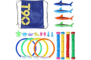 Icastny Swimming Pool Toys for Kids, 21Pcs Underwater Diving Toys Set Includes 4Pcs Dive Sticks, 4Pcs Diving Rings, 4Pcs Toypedo Bandits, 8 Marine Gemstones with Storage Bag