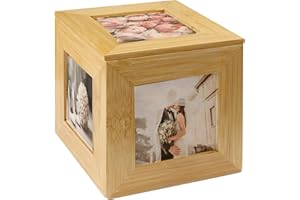 Maison & White Bamboo Photo Cube Keepsake Box – Wooden Memory Box with Display Photo Frame – Decorative Picture Frame Storage for Wedding, Anniversary & Home Decor | M&W