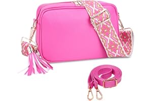 YILCER Crossbody Camera Bag For Women, Leather Tassel Ladies Cross Body Bag with Changeable Guitar Wide Strap(2 Shoulder Straps), Light Blue