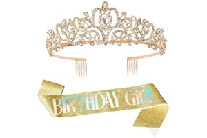 Leixi Birthday Girl Sash & Rhinestone Tiara Set,Birthday Sash and Tiara for Women Birthday Decoration Kit Rhinestone Headband for Girl Glitter Crystal Hair Accessories (Gold)