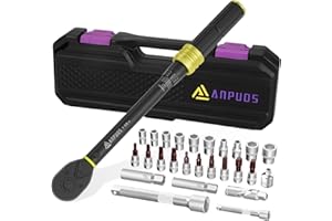 ANPUDS Llave Dinamométrica 3/8'', Llave de Torque 5-50Nm, Precisión de ±3%, 26 Piezas Juego Llaves Vaso con Extensión, Adaptador, Junta Universal, Vasos de Bujía, Bits, para Bicicleta, Moto, Coche