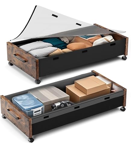 Bamboe opbergcontainers voor onder het bed met wielen, 2 stuks grote opbergbakken voor onder het bed, houten rollende onderbedladen organizer voor slaapkamer, kast, kledingdeken onder wieg, speelgoed