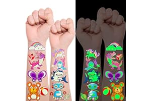 AIRNOGO Tatouage Enfant 30 Feuilles 400 Mignon Lumineux Style, Tatouage Fluorescent Enfant Fille et Garcon avec Dinosaure, Sirène, Licorne, Animal, Auto, Papillon etc, Cadeaux Anniversaire Invités Enfants